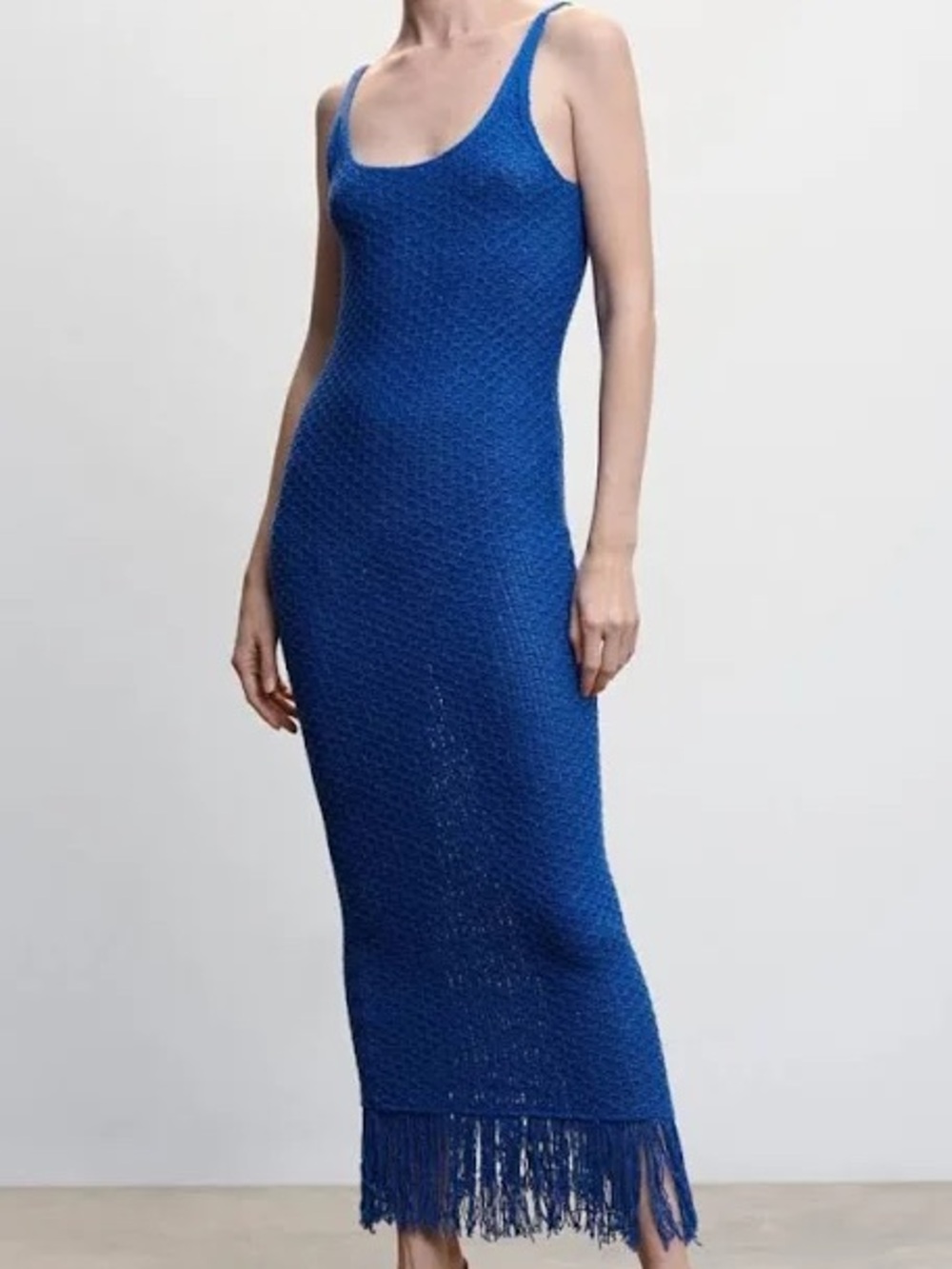 Mango Royal Blue Sleeveless Knit Maxi Dress with Fringe Hem